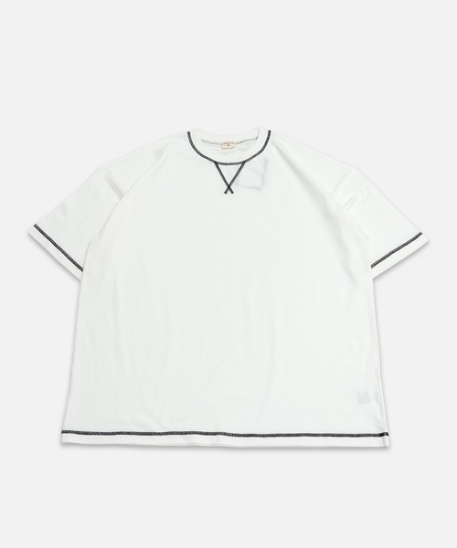 JAM & LINK(ジャムアンドリンク)の「綿100% 配色ステッチ ワイドシルエット 半袖Tシャツ(Tシャツ/カットソー・メンズ・パープル/グリーン/ターコイズブルー/ネイビー/ピンク/ホワイト/オートミール/ブラック/マスタード/レッド・L/S/M)」の2枚目の写真