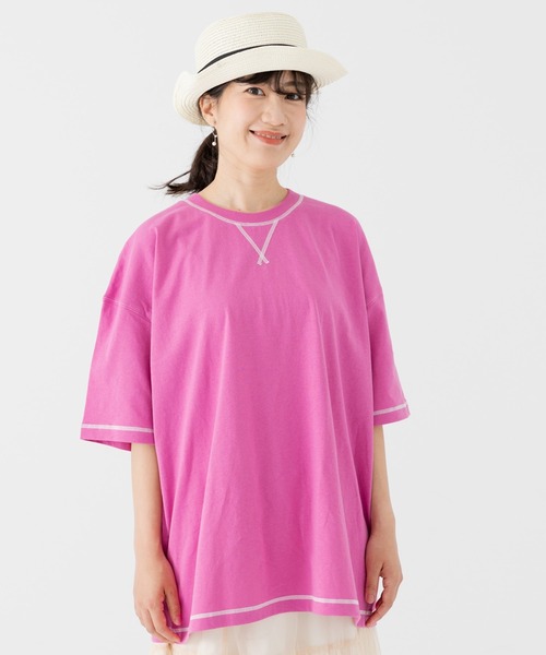 JAM & LINK(ジャムアンドリンク)の「綿100% 配色ステッチ ワイドシルエット 半袖Tシャツ(Tシャツ/カットソー・メンズ・パープル/グリーン/ターコイズブルー/ネイビー/ピンク/ホワイト/オートミール/ブラック/マスタード/レッド・L/S/M)」の9枚目の写真