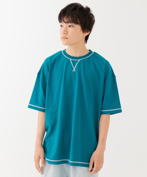 JAM & LINK(ジャムアンドリンク)の「綿100% 配色ステッチ ワイドシルエット 半袖Tシャツ(Tシャツ/カットソー・メンズ・パープル/グリーン/ターコイズブルー/ネイビー/ピンク/ホワイト/オートミール/ブラック/マスタード/レッド・L/S/M)」の6枚目の写真