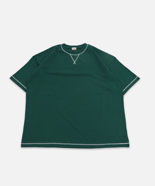 JAM & LINK(ジャムアンドリンク)の「綿100% 配色ステッチ ワイドシルエット 半袖Tシャツ(Tシャツ/カットソー・メンズ・パープル/グリーン/ターコイズブルー/ネイビー/ピンク/ホワイト/オートミール/ブラック/マスタード/レッド・L/S/M)」の4枚目の写真