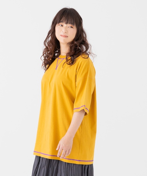 JAM & LINK(ジャムアンドリンク)の「綿100% 配色ステッチ ワイドシルエット 半袖Tシャツ(Tシャツ/カットソー・メンズ・パープル/グリーン/ターコイズブルー/ネイビー/ピンク/ホワイト/オートミール/ブラック/マスタード/レッド・L/S/M)」の8枚目の写真