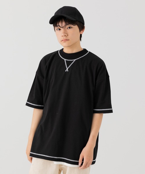 JAM & LINK(ジャムアンドリンク)の「綿100% 配色ステッチ ワイドシルエット 半袖Tシャツ(Tシャツ/カットソー・メンズ・パープル/グリーン/ターコイズブルー/ネイビー/ピンク/ホワイト/オートミール/ブラック/マスタード/レッド・L/S/M)」の3枚目の写真