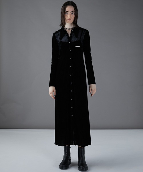 PRANK PROJECT(プランクプロジェクト)の「ベロアコンビシャツワンピース / Velour Combi Shirt Dress(シャツワンピース・レディース・ホワイト/ブラック/グレー・FREE)」の3枚目の写真