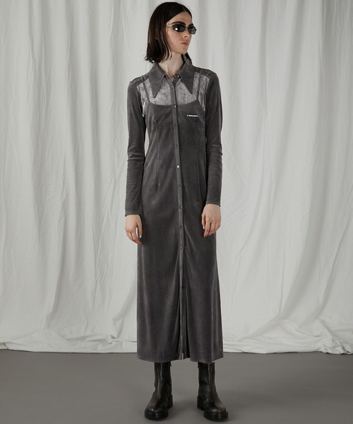 PRANK PROJECT(プランクプロジェクト)の「ベロアコンビシャツワンピース / Velour Combi Shirt Dress(シャツワンピース・レディース・ホワイト/ブラック/グレー・FREE)」の12枚目の写真