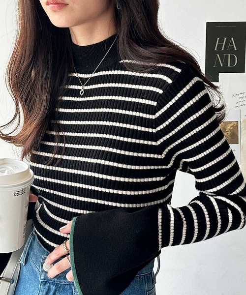 GeeRA（ジーラ）の「春 にぴったり。配色ラインフレアーリブカラー＆ボーダーニット（ニット/セーター・レディース・ブラック系その他/グレー/アイボリー/その他/ブラック・SMALL/MEDIUM/LARGE/X-LARGE）」の4枚目の写真