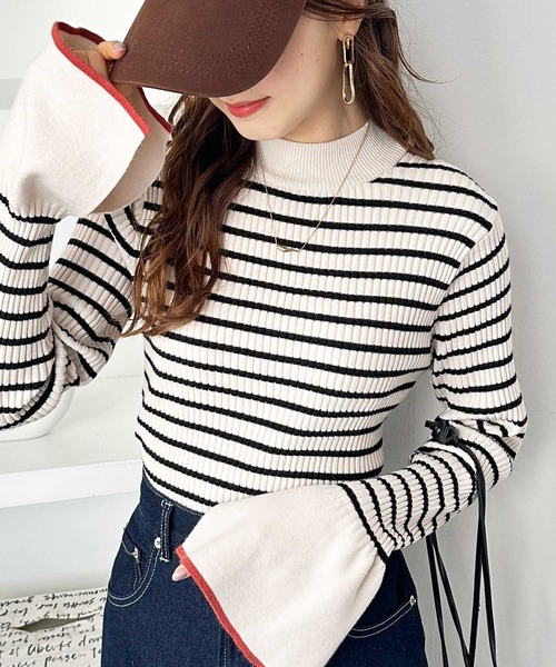 GeeRA（ジーラ）の「春 にぴったり。配色ラインフレアーリブカラー＆ボーダーニット（ニット/セーター・レディース・ブラック系その他/グレー/アイボリー/その他/ブラック・SMALL/MEDIUM/LARGE/X-LARGE）」の5枚目の写真