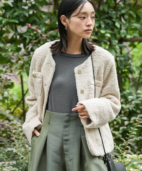 セール】ラメリングボアノーカラージャケット（ブルゾン）｜mili an