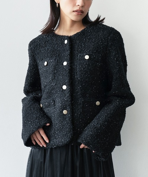 セール】ラメリングボアノーカラージャケット（ブルゾン）｜mili an