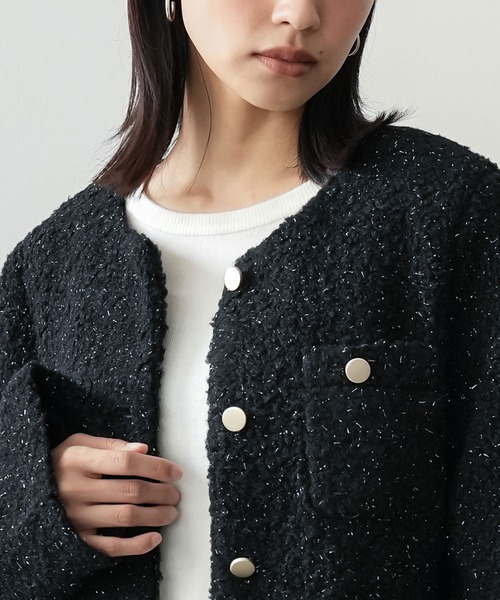 セール】ラメリングボアノーカラージャケット（ブルゾン）｜mili an