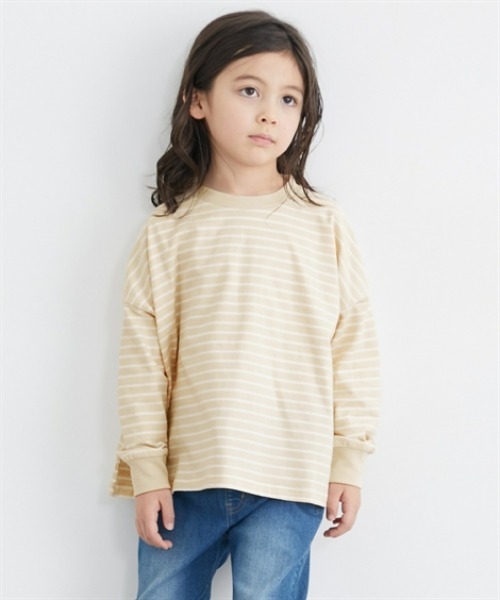 QUNTSTYLE(キュントスタイル)の「ビッグシルエット ボーダー長袖Tシャツ <綿100%>(Tシャツ/カットソー・キッズ・ホワイト系/ベージュ系/グリーン系・110/120/130/140/150/160/100/170)」の2枚目の写真