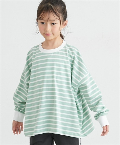 QUNTSTYLE(キュントスタイル)の「ビッグシルエット ボーダー長袖Tシャツ <綿100%>(Tシャツ/カットソー・キッズ・ホワイト系/ベージュ系/グリーン系・110/120/130/140/150/160/100/170)」の3枚目の写真