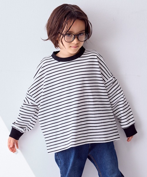 QUNTSTYLE(キュントスタイル)の「ビッグシルエット ボーダー長袖Tシャツ <綿100%>(Tシャツ/カットソー・キッズ・ホワイト系/ベージュ系/グリーン系・110/120/130/140/150/160/100/170)」の8枚目の写真