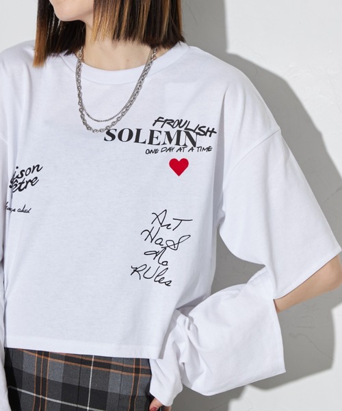 deux amour(ドゥーザムール)の「ハートロゴロングTシャツ(Tシャツ/カットソー・レディース・チャコールグレー/ホワイト・FREE)」の7枚目の写真