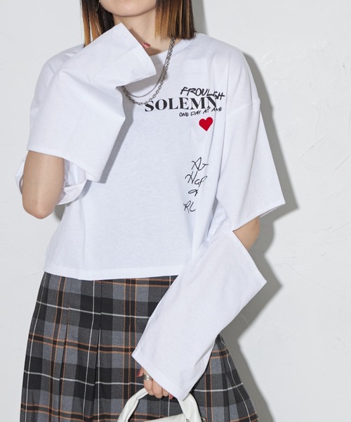 deux amour(ドゥーザムール)の「ハートロゴロングTシャツ(Tシャツ/カットソー・レディース・チャコールグレー/ホワイト・FREE)」の5枚目の写真