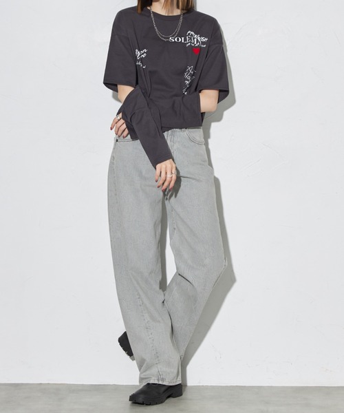 deux amour(ドゥーザムール)の「ハートロゴロングTシャツ(Tシャツ/カットソー・レディース・チャコールグレー/ホワイト・FREE)」の19枚目の写真