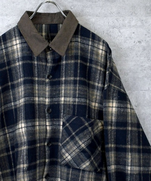 Ritzy(リッツィー)の「Vintage-like collar corduroy check flannel shirt/ヴィンテージライク 襟コーデュロイ フランネル シャツ(シャツ/ブラウス・メンズ・ブラック/ブラウン/ネイビー・M/L)」の3枚目の写真