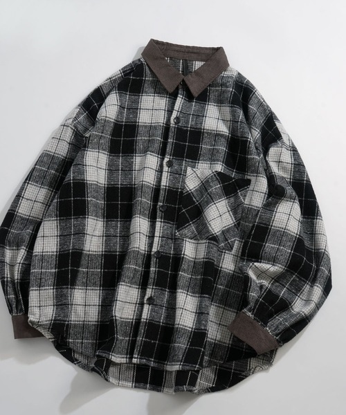 Ritzy(リッツィー)の「Vintage-like collar corduroy check flannel shirt/ヴィンテージライク 襟コーデュロイ フランネル シャツ(シャツ/ブラウス・メンズ・ブラック/ブラウン/ネイビー・M/L)」の1枚目の写真