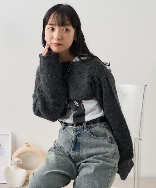 FREAK'S STORE(フリークスストア)の「3way ボレロ/ショート丈ニット/マフラー(ニット/セーター・レディース・チャコールグレー/ベージュ・フリ-)」の13枚目の写真