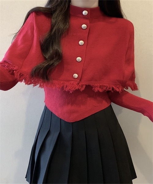 Dream garden(ドリームガーデン)の「ニットトップス 裾フリンジポンチョ 2点セット(ニット/セーター・レディース・レッド/ブラック/ライトベージュ・FREE)」の22枚目の写真