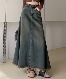 裾ダメージデニムAラインロングスカート