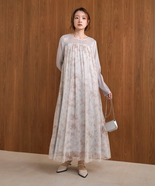 正規品♡スフレ♡BEARワンピース♡ベージュ 低身長向けサイズあり】レイヤード風ニュアンス柄ワンピース