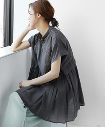 レトロ古着 70s～ コーデュロイ刺し子 フレアチュニックワンピース M～L Ladies】コットン 刺繍ワンピース チュニック ブラック 黒