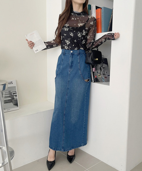 Eclat one(エクラワン)の「【Eclat one】水彩フラワー シアー ハイネック インナー(Tシャツ/カットソー・レディース・アイボリー/ネイビー/ブラック・FREE)」の17枚目の写真