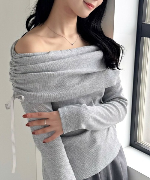 clear（クリア）の「サイドドロストオフショルカットソートップス[春ニット ガーリー リボン バレエコア]≪SS新作≫（Tシャツ/カットソー・レディース・ライトピンク/ブラック/杢グレー/オフホワイト・F）」の3枚目の写真