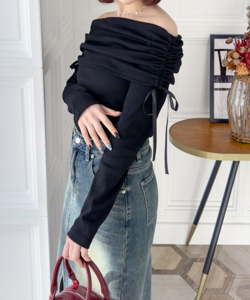 clear（クリア）の「サイドドロストオフショルカットソートップス[春ニット ガーリー リボン バレエコア]≪SS新作≫（Tシャツ/カットソー・レディース・ライトピンク/ブラック/杢グレー/オフホワイト・F）」の6枚目の写真