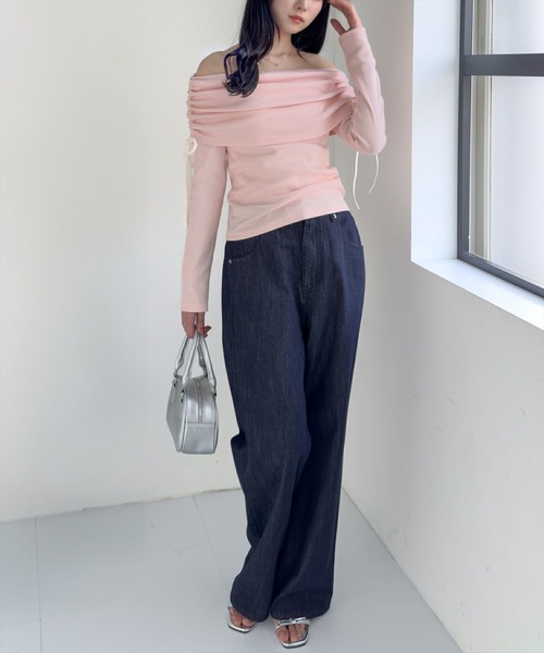 clear（クリア）の「サイドドロストオフショルカットソートップス[春ニット ガーリー リボン バレエコア]≪SS新作≫（Tシャツ/カットソー・レディース・ライトピンク/ブラック/杢グレー/オフホワイト・F）」の7枚目の写真