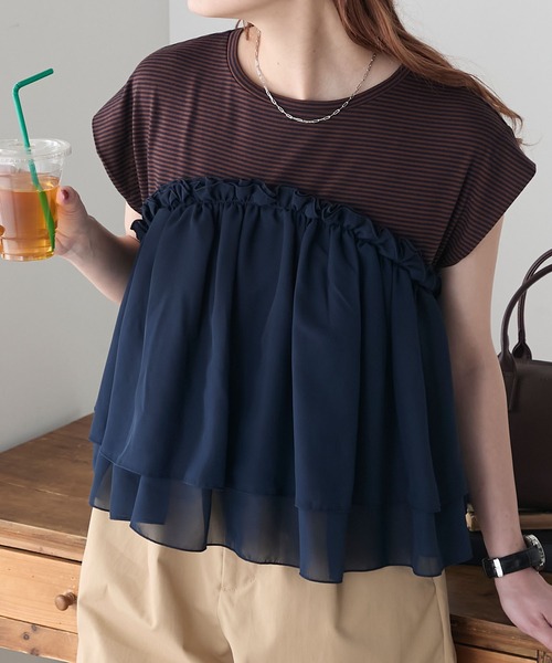 BONLECILL(ボンルシール)の「ミニボーダーシフォンティアードT(Tシャツ/カットソー・レディース・ブラック/ネイビー/レッド・FREE)」の1枚目の写真