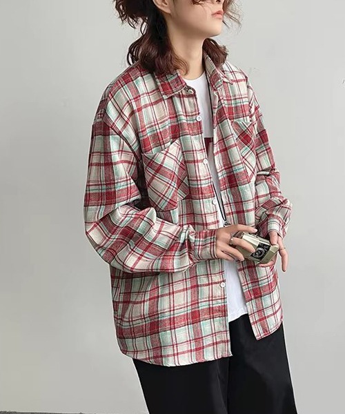 almo(アルモ)の「ルーズシルエットネルチェック長袖シャツ/ネルシャツ004(NEZ)(シャツ/ブラウス・レディース・イエロー/レッド/ブルー・FREE)」の7枚目の写真