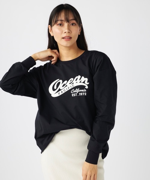 Ocean Pacific（オーシャンパシフィック）の「【OP:オーピー】　レディース水陸両用プリントロングTシャツ　PEARTEX（Tシャツ/カットソー・レディース・ホワイト/ブラック/サックスブルー・LARGE/MEDIUM/X-LARGE）」の2枚目の写真