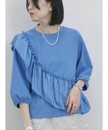 Samansa Mos2 blue | 7分袖ドッキングフリルプルオーバー(Tシャツ/カットソー)