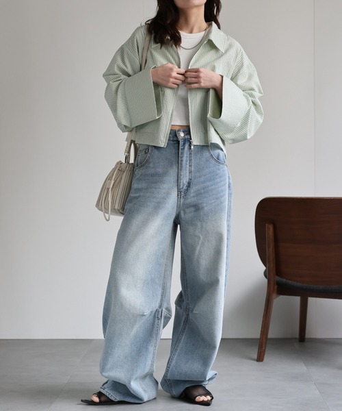 ap retro(アプレトロ)の「クロップド丈ダブルZIPストライプサッカーシャツ(シャツ/ブラウス・レディース・グリーン/ライトブルー/ブルー/オフホワイト・FREE)」の5枚目の写真