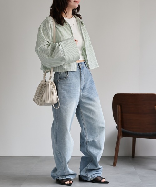 ap retro(アプレトロ)の「クロップド丈ダブルZIPストライプサッカーシャツ(シャツ/ブラウス・レディース・グリーン/ライトブルー/ブルー/オフホワイト・FREE)」の6枚目の写真