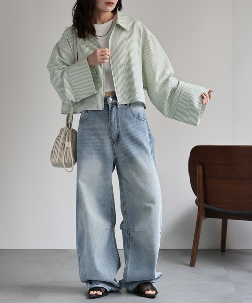 ap retro(アプレトロ)の「クロップド丈ダブルZIPストライプサッカーシャツ(シャツ/ブラウス・レディース・グリーン/ライトブルー/ブルー/オフホワイト・FREE)」の21枚目の写真