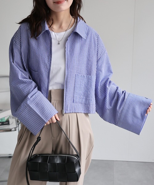 ap retro(アプレトロ)の「クロップド丈ダブルZIPストライプサッカーシャツ(シャツ/ブラウス・レディース・グリーン/ライトブルー/ブルー/オフホワイト・FREE)」の14枚目の写真