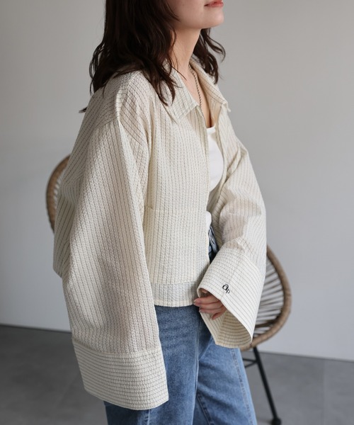 ap retro(アプレトロ)の「クロップド丈ダブルZIPストライプサッカーシャツ(シャツ/ブラウス・レディース・グリーン/ライトブルー/ブルー/オフホワイト・FREE)」の11枚目の写真