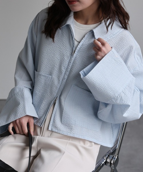 ap retro(アプレトロ)の「クロップド丈ダブルZIPストライプサッカーシャツ(シャツ/ブラウス・レディース・グリーン/ライトブルー/ブルー/オフホワイト・FREE)」の7枚目の写真