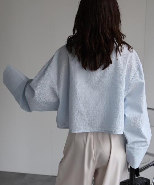 ap retro(アプレトロ)の「クロップド丈ダブルZIPストライプサッカーシャツ(シャツ/ブラウス・レディース・グリーン/ライトブルー/ブルー/オフホワイト・FREE)」の10枚目の写真