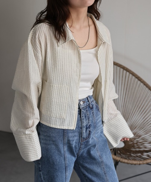 ap retro(アプレトロ)の「クロップド丈ダブルZIPストライプサッカーシャツ(シャツ/ブラウス・レディース・グリーン/ライトブルー/ブルー/オフホワイト・FREE)」の22枚目の写真