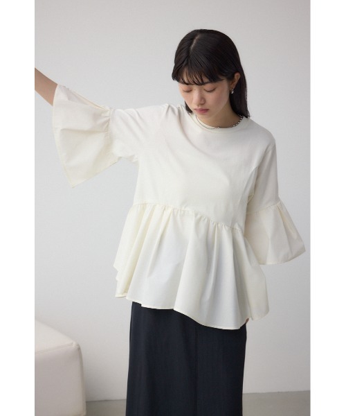 AZUL by moussy(アズールバイマウジー)の「タックスリーブ半袖デザインカットトップス(Tシャツ/カットソー・レディース・アイボリー/ブラック/ライトグリーン・FREE)」の5枚目の写真
