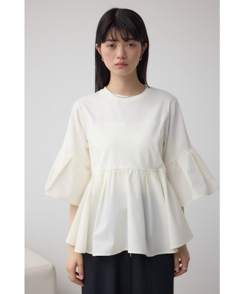 AZUL by moussy(アズールバイマウジー)の「タックスリーブ半袖デザインカットトップス(Tシャツ/カットソー・レディース・アイボリー/ブラック/ライトグリーン・FREE)」の7枚目の写真