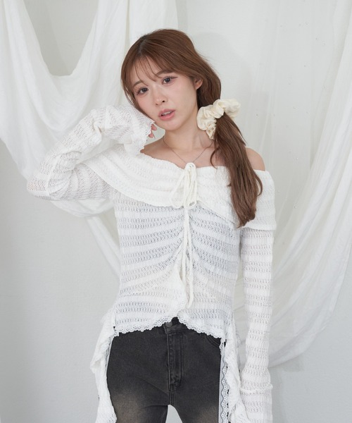 RAY CASSIN（レイカズン）の「チュールプリントオフショルTシャツ（Tシャツ/カットソー・レディース・ホワイト/ブラック系その他2/ベージュ系その他2/ミント・FREE）」の2枚目の写真