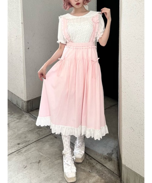 merry jenny(メリージェニー)の「ストライプリボンフレアジャンスカ(ジャンパースカート・レディース・ピンク/グリーン/ライトブルー・FREE)」の3枚目の写真