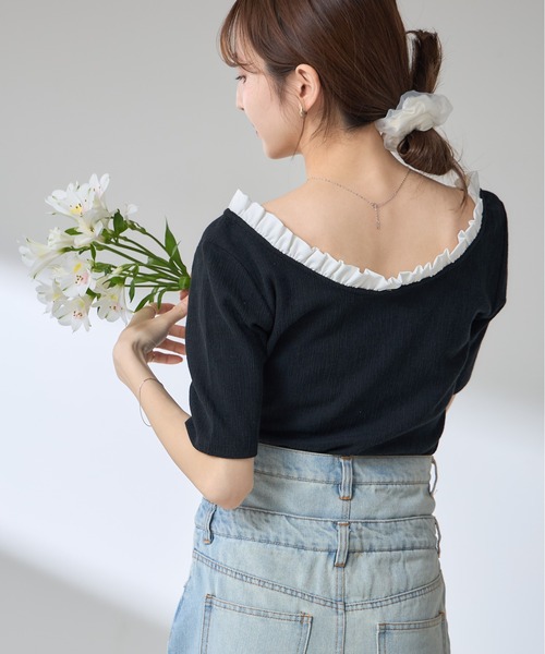 &. NOSTALGIA(アンドドットノスタルジア)の「【ZOZO限定】フリル衿バレエネック半袖プルオーバー(Tシャツ/カットソー・レディース・アイボリー/ブラック・M)」の8枚目の写真