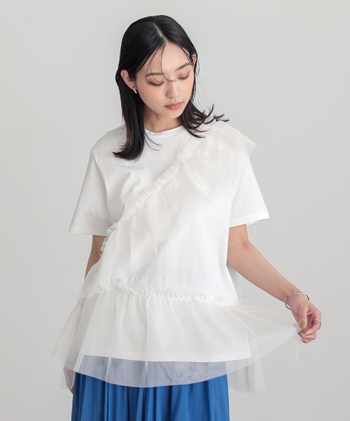 n'OrLABEL(ノアールレーベル)の「【吸湿冷感】ひんやりチュールフリルドッキングカットソー(Tシャツ/カットソー・レディース・ブラック/チャコール/オフホワイト・2/1)」の12枚目の写真