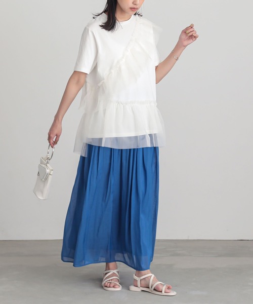 n'OrLABEL(ノアールレーベル)の「【吸湿冷感】ひんやりチュールフリルドッキングカットソー(Tシャツ/カットソー・レディース・ブラック/チャコール/オフホワイト・2/1)」の15枚目の写真