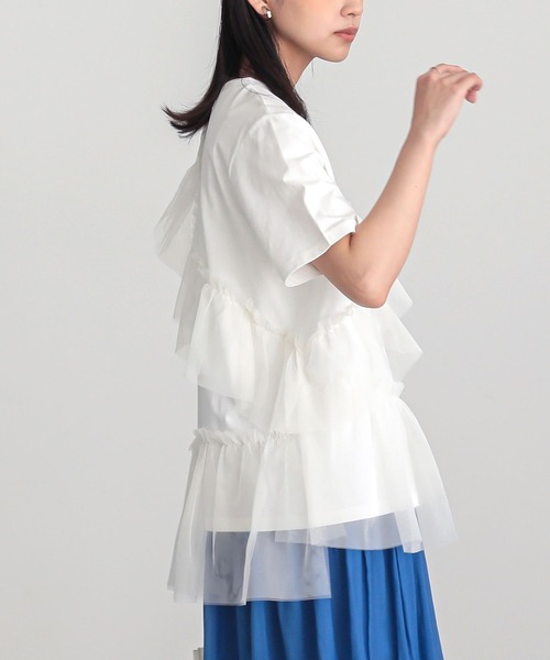 n'OrLABEL(ノアールレーベル)の「【吸湿冷感】ひんやりチュールフリルドッキングカットソー(Tシャツ/カットソー・レディース・ブラック/チャコール/オフホワイト・2/1)」の13枚目の写真
